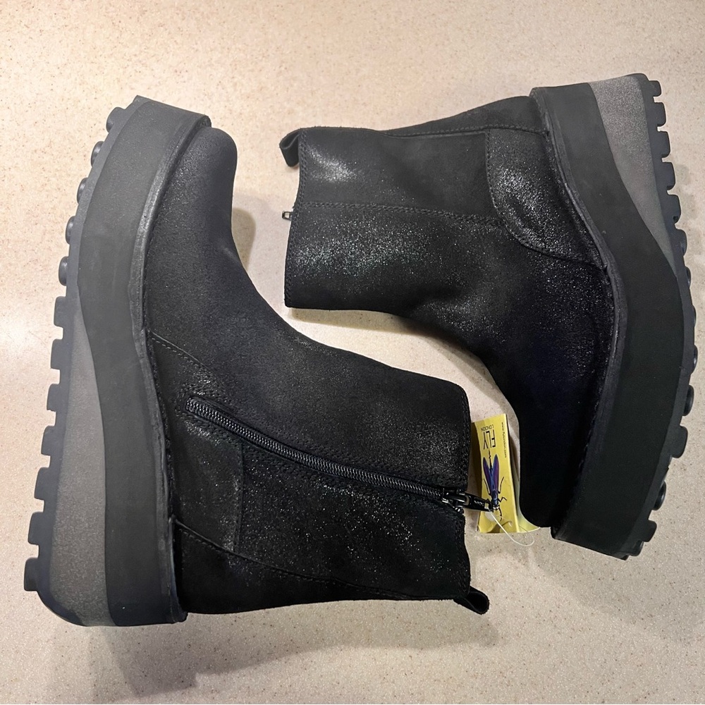 FLY London NWOB Black Glitter Wedge Ankle Booties Sz 38 - Picture 10 of 12